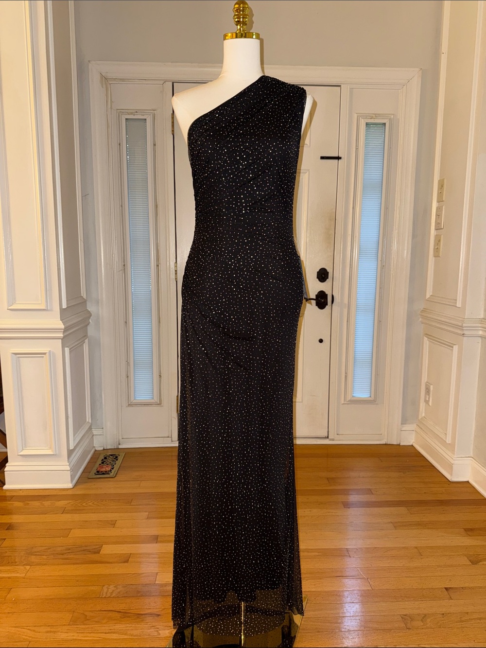 Betsy & Adam Black One-Shoulder Evening Gown with Sparkle